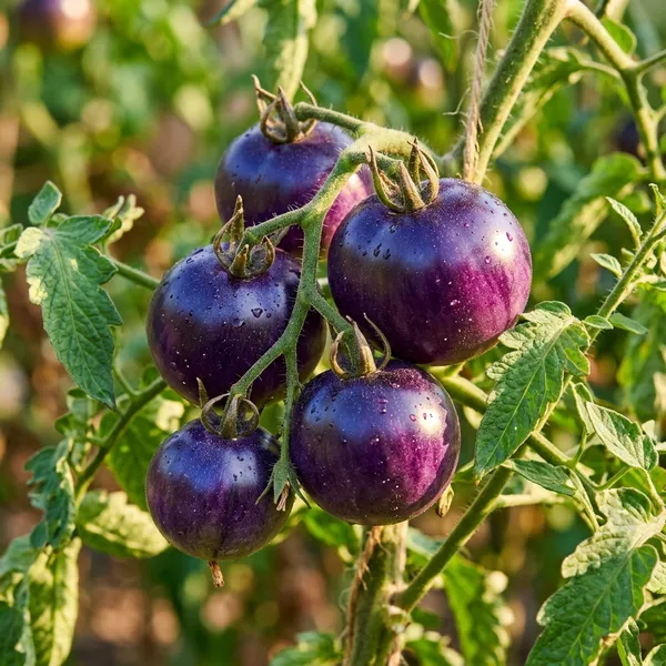 Deep purple tomatoes on a vine